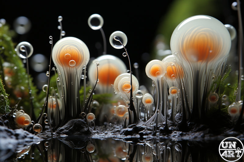 UN4RT imaginarium – extreme macro close-up of a miniature alien ecosystem of translucent white dome-capped organisms with vivid glowing amber and orange cores rising on slender dark stalks from a wet black reflective surface beside green moss clusters with delicate looping wire-like tendrils and tiny spherical bubbles floating above against a dark bokeh background, dark biopunk microworld nature macro 3D digital art.