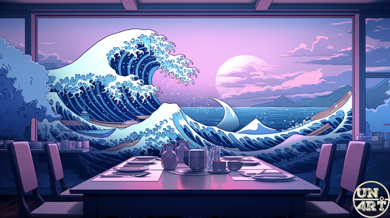 UN4RT imaginarium – wide cinematic interior of a minimalist Japanese restaurant with a set dining table and pink chairs facing a floor-to-ceiling panoramic window revealing a stylised lofi anime reinterpretation of hokusai's the great wave with towering curling blue teal waves, small boats and a large pink moon reflected on the sea under a pastel purple dusk sky, dark lofi anime cultural homage digital illustration.