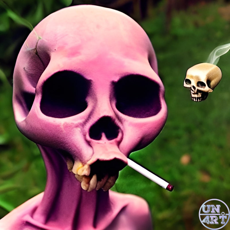 UN4RT imaginarium – close-up portrait of a cracked smooth pink alien skull-faced humanoid creature with hollow black eye sockets smoking a cigarette held to the lipless mouth with skeletal fingers, a small golden human skull floating in the rising smoke to the right against a blurred green outdoor background, dark kawaii macabre alien smoking portrait 3D digital art.