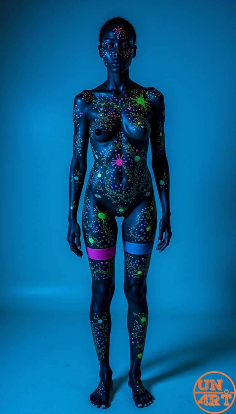 UN4RT imaginarium – full-body frontal view of a slender female figure entirely covered in deep matte black body paint with intricate glowing ultraviolet neon green, pink, magenta and blue botanical vine, flower and geometric dot patterns painted across the entire body standing against a solid teal blue background under UV blacklight, dark neon UV body art fine art photography.