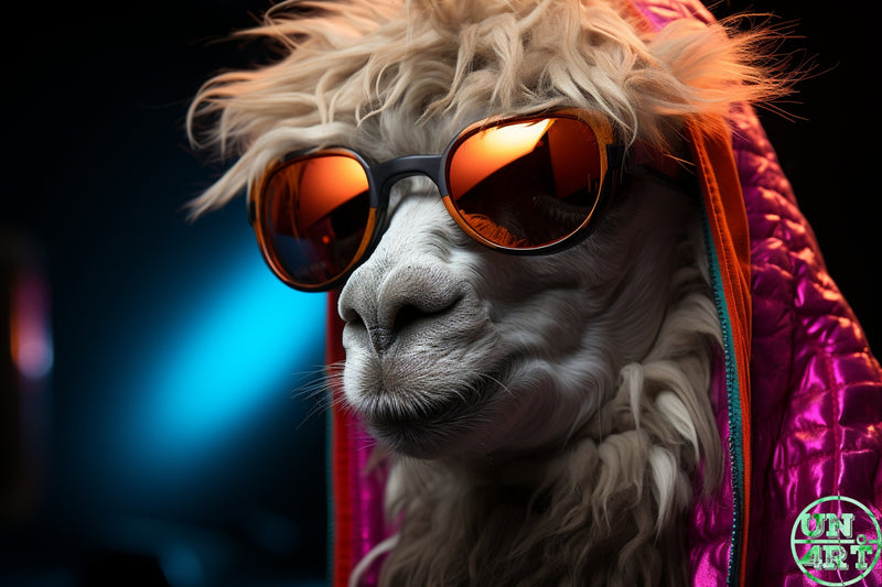 UN4RT imaginarium – extreme close-up portrait of a white-furred llama or alpaca wearing large round amber reflective sunglasses and draped in a vivid pink holographic sequin jacket with wild tousled cream fluffy hair under teal and blue stage lighting against a near-black background, dark pop art glamour animal celebrity portrait 3D digital art.