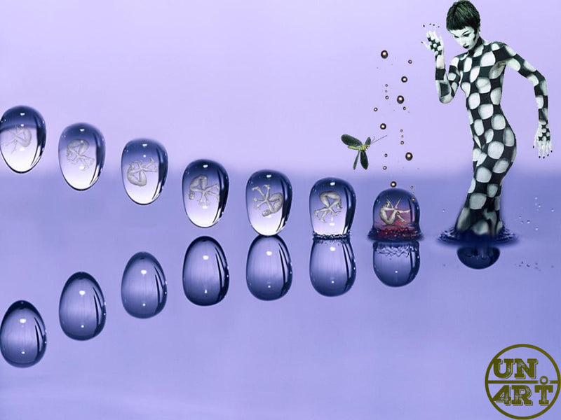 UN4RT imaginarium – wide surrealist composition on a soft lavender background showing a row of eight progressively larger glossy water droplets each containing a tiny curled human foetus at increasing stages of growth, a small dragonfly hovering mid-air and a slender androgynous figure in a bold black and white checkerboard bodysuit leaning forward to observe the largest drop with curiosity, dark surrealist life cycle conceptual digital illustration.