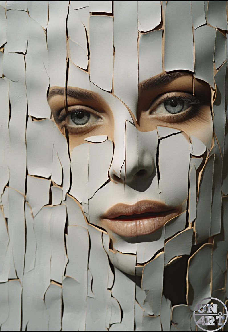 UN4RT imaginarium – extreme close-up of a calm female face with grey-blue eyes and natural makeup revealed through deep vertical cracks and peeling strips of thick white plaster or paint that shred away in long irregular flakes with warm gold edges exposing the skin beneath, dark fragility metamorphosis conceptual fine art portrait photography.