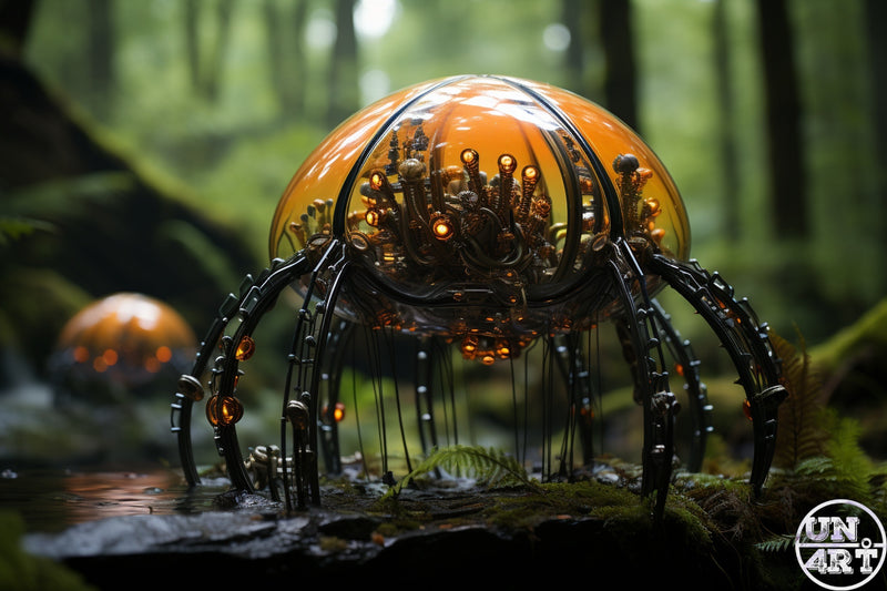 UN4RT imaginarium – close-up of a biomechanical spider-like creature with a large glossy translucent amber dome housing dozens of glowing orange bioluminescent organic tendrils and filaments inside, supported by eight sleek curved black mechanical legs resting on a mossy wet stone in a lush dark green forest with a second smaller amber sphere visible in the blurred background, dark biopunk alien organism cinematic 3D digital art.