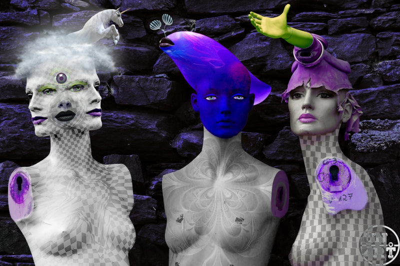 UN4RT imaginarium – three androgynous mannequin busts with white checkered transparent torsos standing against a dark rough stone wall, the left figure with white cloud hair a third eye and a tiny unicorn emerging from the skull, the centre figure with a large vivid blue conical horn and glowing white eyes, the right figure with a cracked lilac helmet-like head and a green hand gesture emerging from the crown, each with a purple keyhole medallion on the chest, dark surrealist glitch mannequin trio collage.