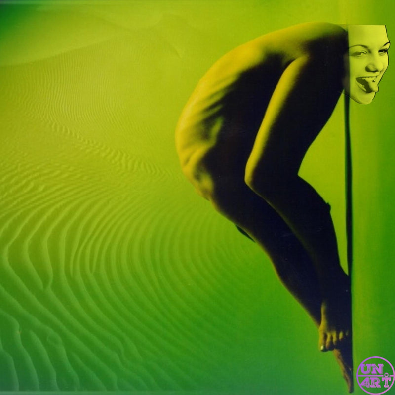 UN4RT imaginarium – silhouette of a slender nude female figure bent forward gripping a vertical pole with a glossy retro-print smiling female face mask overlaid on the head against a vibrant acid yellow-green wavy ripple gradient background, dark pop art retro erotic conceptual graphic poster art.