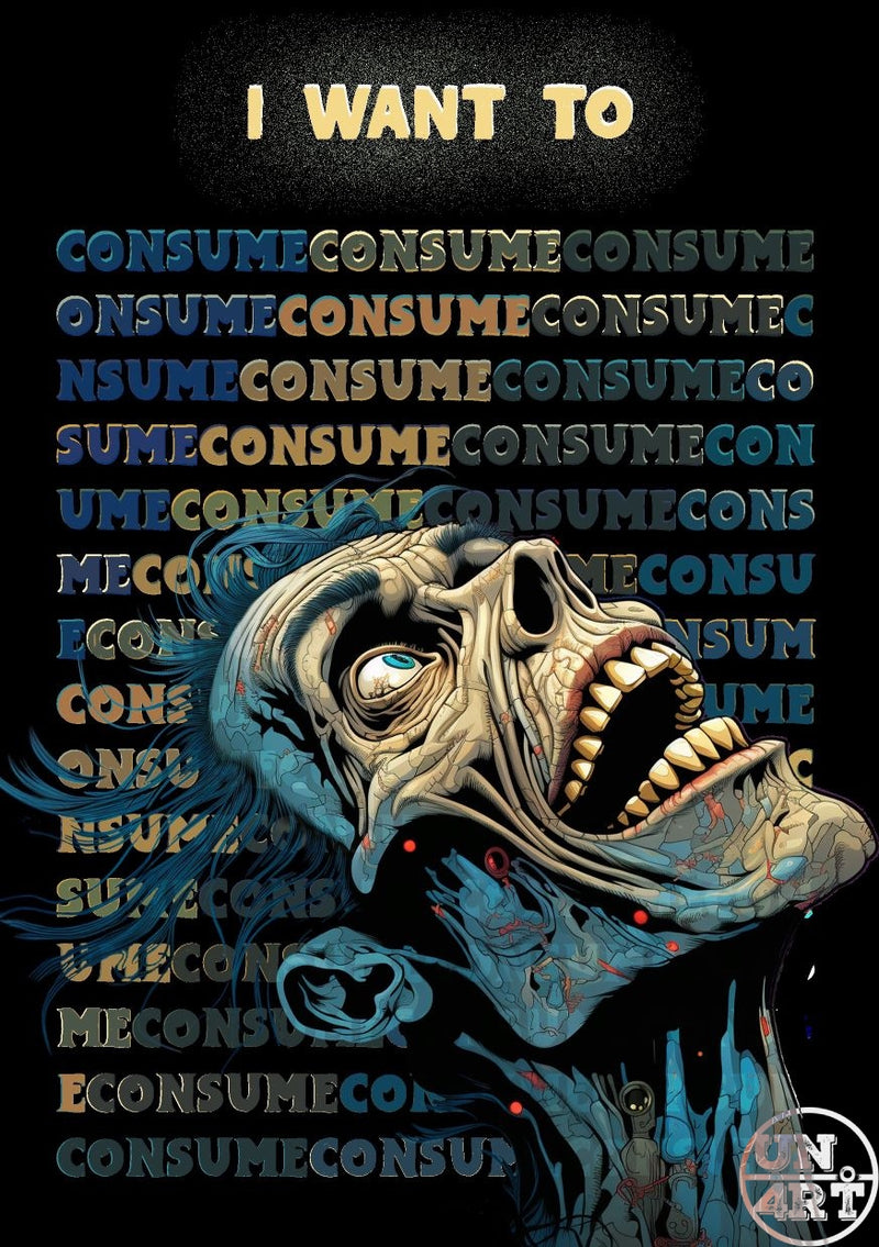 UN4RT imaginarium – dark comic book poster with bold white text reading "I WANT TO" at the top above a full-page dense repeating text block of the word "CONSUME" in alternating teal, amber and white letters on a black background partially obscured by a grotesque side-profile zombie head with cracked pale skin, a single blue eye, gaping yellow-toothed mouth and blue dripping hair with a tiny dark Mickey Mouse silhouette on the chest, dark consumerism satire horror comic poster art.