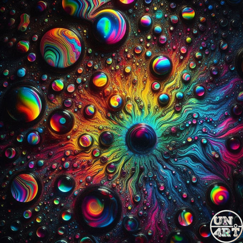 UN4RT imaginarium – extreme macro overhead view of dozens of glossy iridescent spherical oil bubbles of varying sizes floating on a swirling vivid rainbow paint surface with neon radiating wave lines in red, orange, yellow, green, teal, blue and magenta emanating outward from a central dark sphere against a pure black background, dark psychedelic liquid macro abstract art.