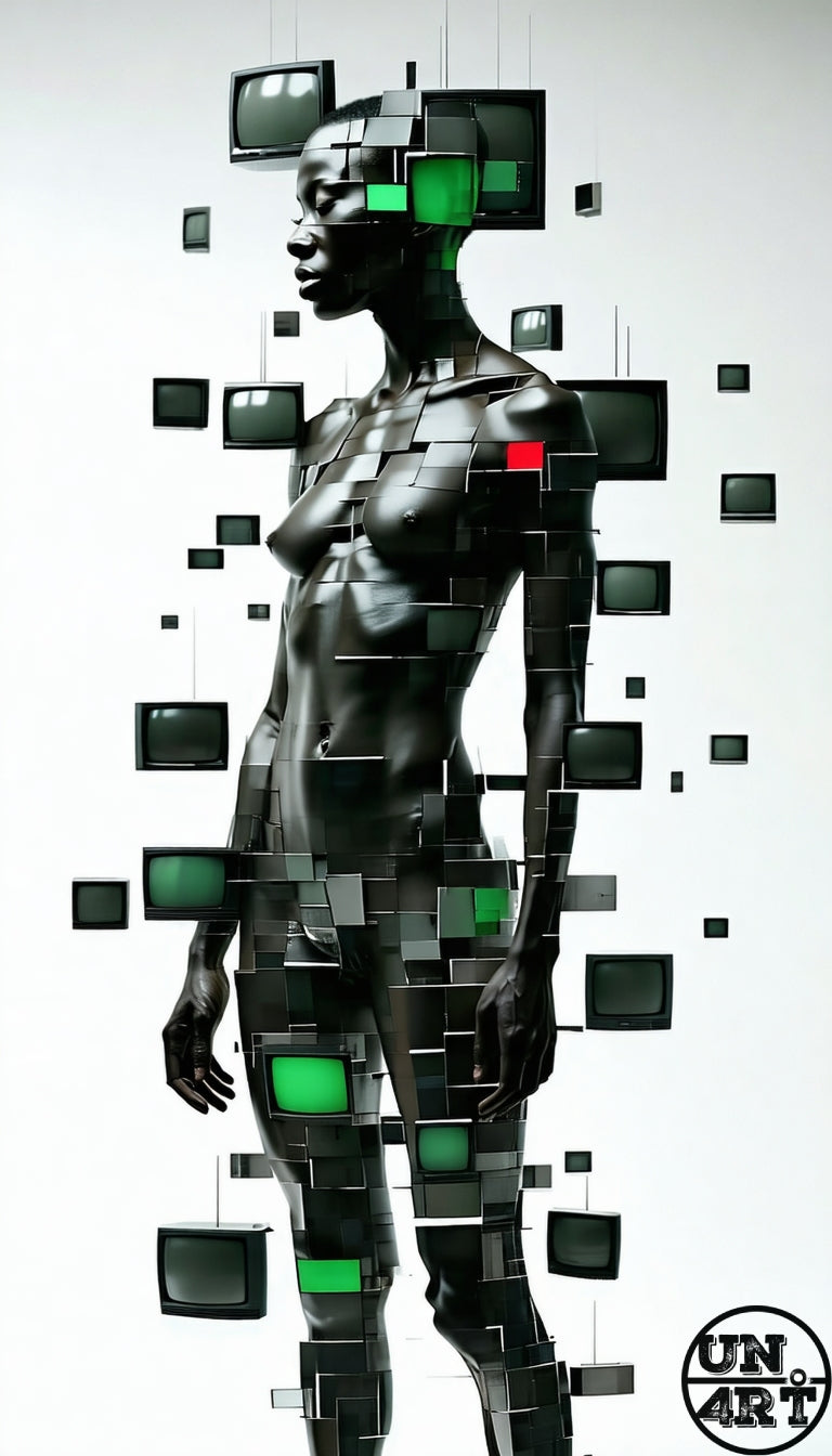 UN4RT imaginarium – full three-quarter view of a dark-skinned female figure with a sleek matte black body covered entirely in a mosaic of interlocking black vintage cathode ray tube television screens with scattered glowing green and one red pixel screens suspended on fine wires orbiting the body and floating around the figure against a plain white background, dark media satire cyberpunk conceptual sculpture 3D digital art.
