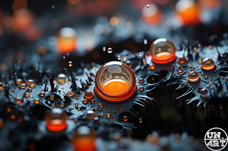 UN4RT imaginarium – extreme macro close-up of a central transparent glass dome sphere with a vivid glowing orange core resting on a turbulent dark wet black ferrofluid-like spiked surface surrounded by dozens of smaller amber and translucent orange glowing orbs and droplets with blurred warm amber bokeh light columns in the dark background, dark biopunk alien organism macro cinematic 3D digital art.