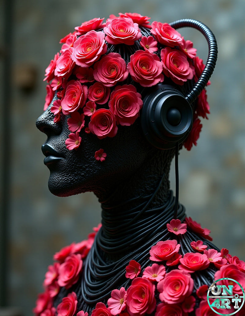 UN4RT imaginarium – side profile bust of a smooth matte black sculptural humanoid figure with closed eyes and serene expression wearing large black over-ear headphones with a coiled cable, the entire head and shoulders densely covered in vivid red and pink roses and small cherry blossom flowers against a blurred grey stone wall background, dark floral music sculpture fine art portrait 3D digital art.