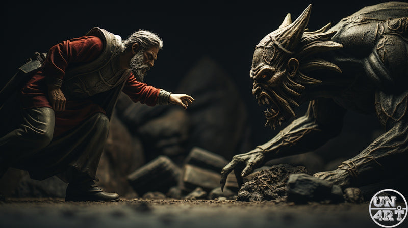 UN4RT imaginarium – dramatic low-angle cinematic diorama of a weathered elderly man with a grey beard in a worn red jacket crouching forward and reaching out toward a massive dark stone horned demon creature with a snarling fanged skull face and clawed hands on a rubble-strewn cave floor under a single shaft of warm spotlight, dark fantasy confrontation courage miniature fine art 3D diorama photography.
