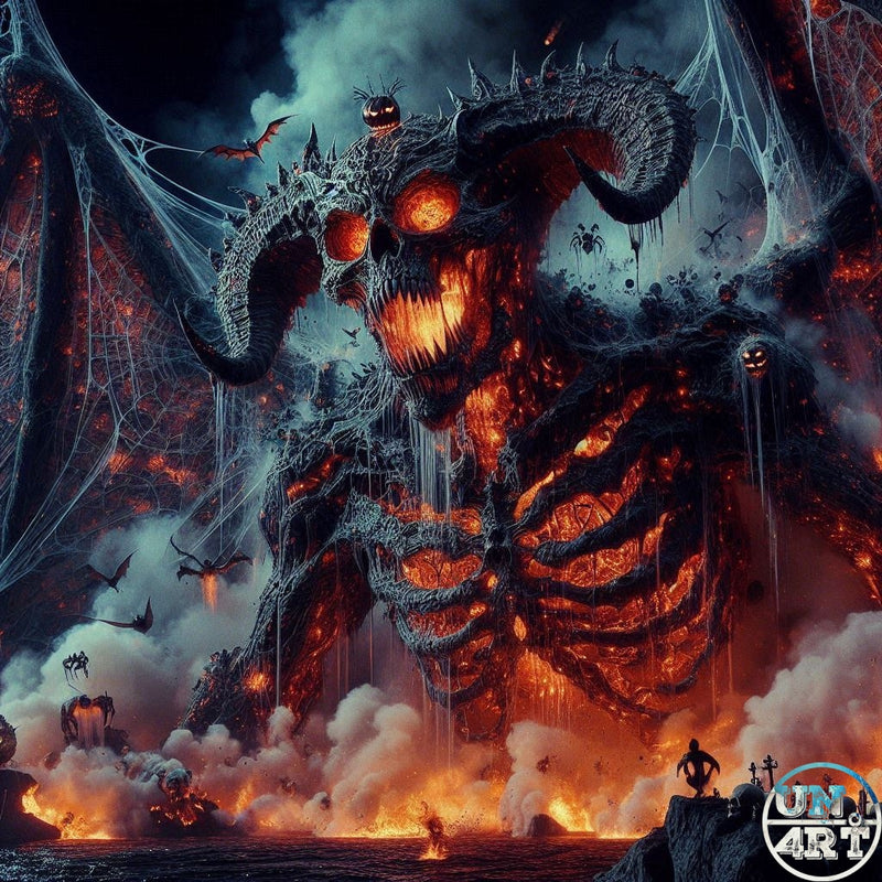 UN4RT imaginarium – colossal towering Halloween demon colossus with a flaming skull face hollow glowing molten orange eyes massive curved horns exposed dark ribcage and enormous membranous bat wings wrapped in thick cobwebs striding through billowing fire smoke and ash with bats spiders jack-o-lanterns and gravestones in the hellscape below and a lone defiant human silhouette on a rocky outcrop, dark Halloween apocalyptic horror epic digital illustration.