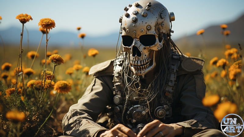 UN4RT imaginarium – close-up portrait of a figure wearing a weathered riveted metal skull-face helmet with dark eye sockets wired with hanging cables and dreadlock-like strands seated among tall vivid yellow orange marigold flowers in a sun-drenched open field under a clear blue mountain sky in full military-style tactical gear, dark post-apocalyptic memento mori nature contrast cinematic fine art portrait photography.