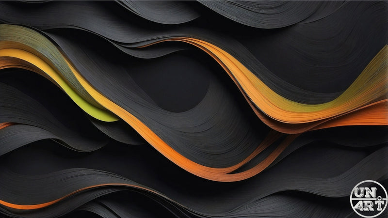 UN4RT imaginarium – extreme close-up of layered undulating matte dark charcoal black wave forms with a single sinuous ribbon of vivid yellow transitioning through lime green to deep burnt orange weaving between the dark layers across the full width of the composition, dark minimalist abstract geological wave fine art 3D digital art.