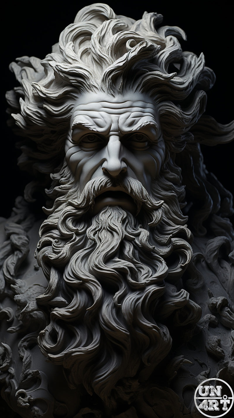 UN4RT imaginarium – dramatic close-up bust of a monumental grey stone sculpture of an ancient bearded god or philosopher with deeply furrowed brow, intense shadowed eyes, flowing wild curly hair and an elaborate long curling beard with intricate chiselled wave detail against a pure black background, dark neoclassical divine authority hyperrealist sculpture 3D digital art.