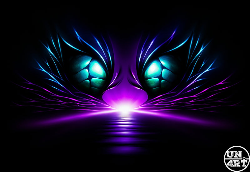 UN4RT imaginarium – extreme close-up of a pair of glowing teal and turquoise feline eyes with slit pupils surrounded by dramatic radiating neon blue electric feather-like lashes and a vivid magenta glowing nose bridge reflected on a glossy dark surface against a pure black background, dark neon predator creature cinematic digital art.