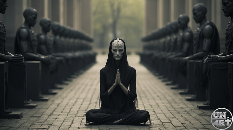 UN4RT imaginarium – wide symmetrical cinematic shot of a slender androgynous figure in a black bodysuit and white ornate mask with jewelled headpiece seated cross-legged in a prayer pose with hands pressed together at the centre of a long stone avenue flanked by rows of identical seated dark matte humanoid statues receding into a misty foggy tree-lined vanishing point, dark spiritual ritual dystopian cinematic fine art photography.