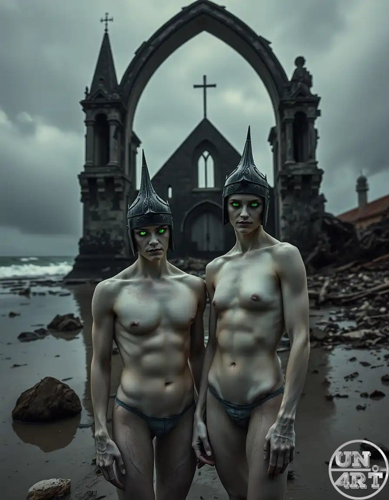 UN4RT imaginarium – two pale bare-chested androgynous figures with glowing green eyes wearing identical dark ornate pointed conical metal helmets standing side by side before a ruined gothic stone church arch with a central cross on a stormy grey coastal shoreline strewn with debris and breaking waves, dark post-apocalyptic neo-gothic occult cinematic fine art photography.