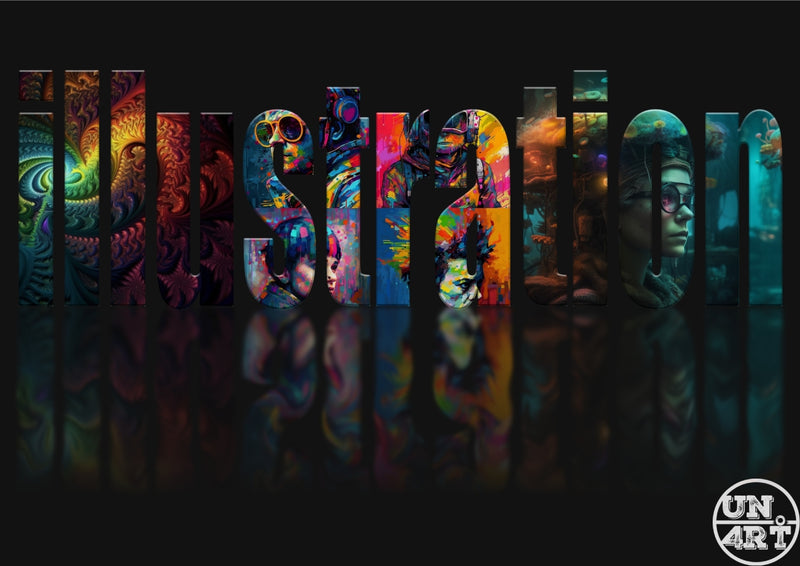 UN4RT imaginarium – bold wide typographic poster spelling the word "illustration" in large dark block capital letters each filled with a different vivid psychedelic AI artwork including colourful face-painted figures, armoured warriors, surrealist characters and cyberpunk portraits in neon and rainbow hues against a reflective pure black background, dark pop art meta-illustration typography collage digital poster art.
