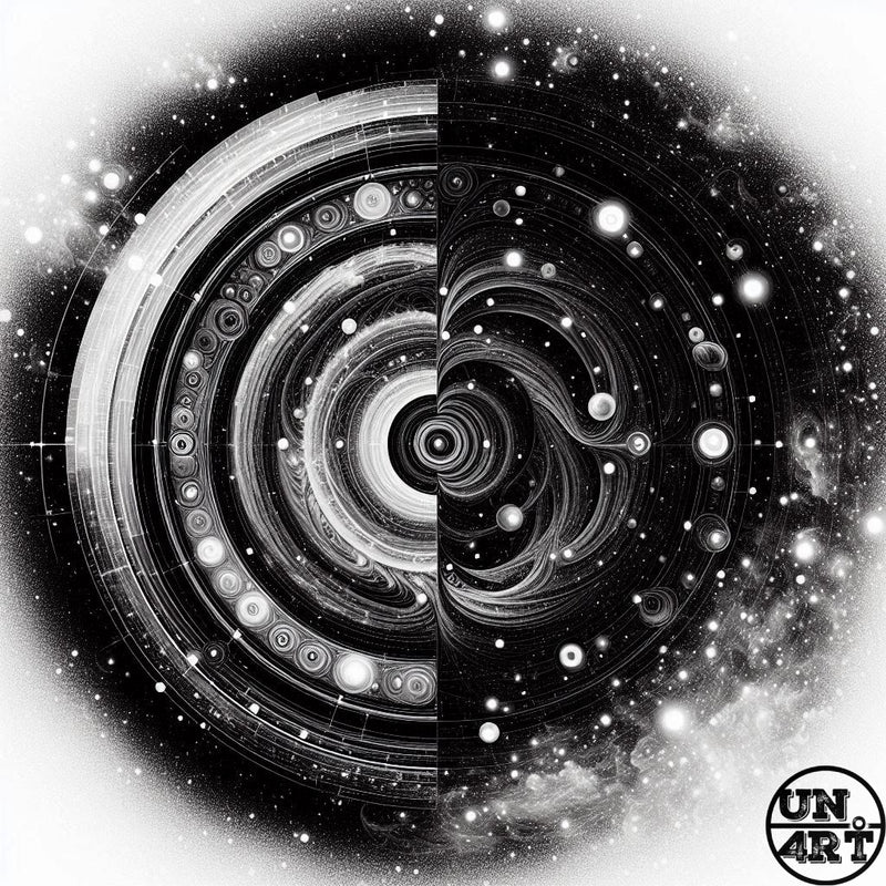 UN4RT imaginarium – split black and white composition of a large circular cosmic vortex, the left half rendered as a precise technical pencil diagram with concentric orbital rings, small planet spheres and mechanical grid lines, the right half as a dramatic painted deep-space galaxy spiral with glowing stars, nebula clouds and luminous celestial spheres on a white background, dark cosmos science versus art duality conceptual illustration.