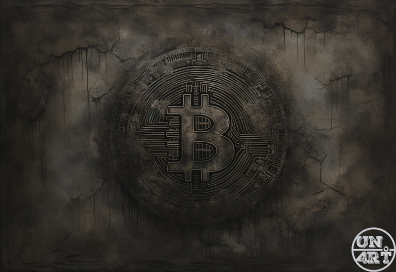 UN4RT imaginarium – wide close-up of a large weathered dark matte Bitcoin symbol coin with circuit board line engravings embedded in a cracked peeling dark stone and smoke-stained wall surface with dark grey drips and stains, dark cryptocurrency decay conceptual dark editorial illustration.