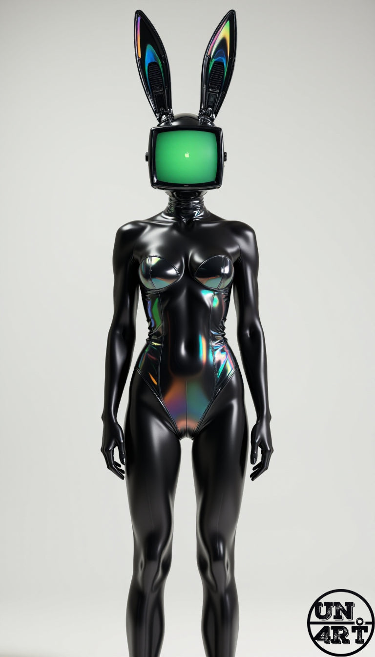 UN4RT imaginarium – full-body frontal view of a sleek glossy black latex female figure with a small square glowing green cathode ray tube screen as a head and two tall iridescent holographic rabbit ears mounted on the screen standing in a neutral pose with arms at sides on a plain white background, dark cyberpunk media bunny conceptual 3D digital art.