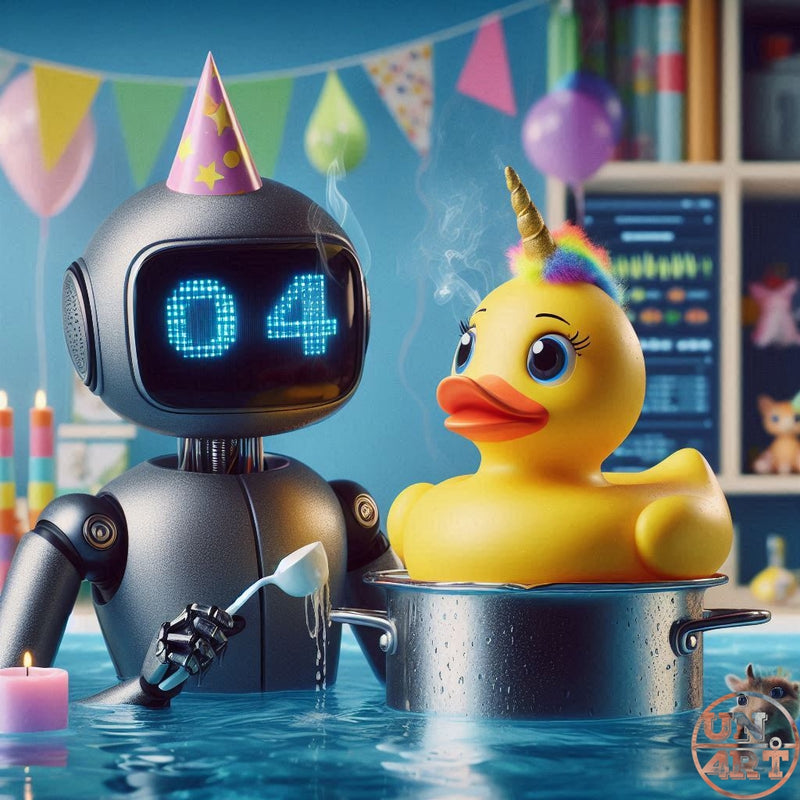 UN4RT imaginarium – close-up cinematic 3D scene of a small dark matte robot with a rectangular LED screen face displaying the number "04" in glowing teal pixels and wearing a pink paper party hat standing beside a large cheerful yellow rubber duck with rainbow unicorn horn and colourful mohawk hair sitting in a steaming silver cooking pot in a flooded blue room with colourful party bunting and balloons in the background, dark absurdist ai birthday humor 3D digital art.
