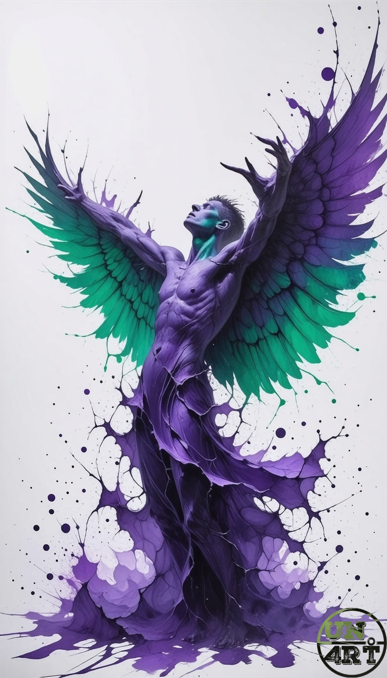 UN4RT imaginarium – full-body dynamic view of a muscular male figure covered entirely in vivid violet and purple cracked paint with arms raised upward and face tilted skyward in an ecstatic or anguished pose with two large dramatic wings spreading wide, the inner primary feathers a deep emerald green and the outer feathers dissolving into violet and purple paint splatter drips on a pure white background, dark transcendence liberation expressive watercolour ink painting.
