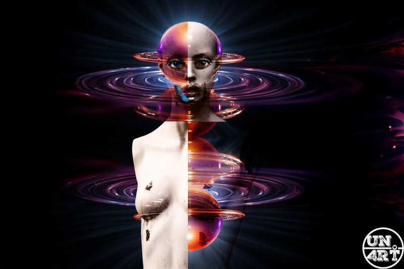 UN4RT imaginarium – vertical split-panel composite of two contrasting half-body figures merged at a central seam, the left half a brown-skinned female face with a blue chrome lip and iridescent purple-orange chrome dome head encircled by glowing violet ripple rings against a dark background, the right half a cracked peeling white plaster female torso and bust with orange glowing orb planetary rings intersecting the figure, dark duality identity glitch cyberpunk conceptual digital collage art.