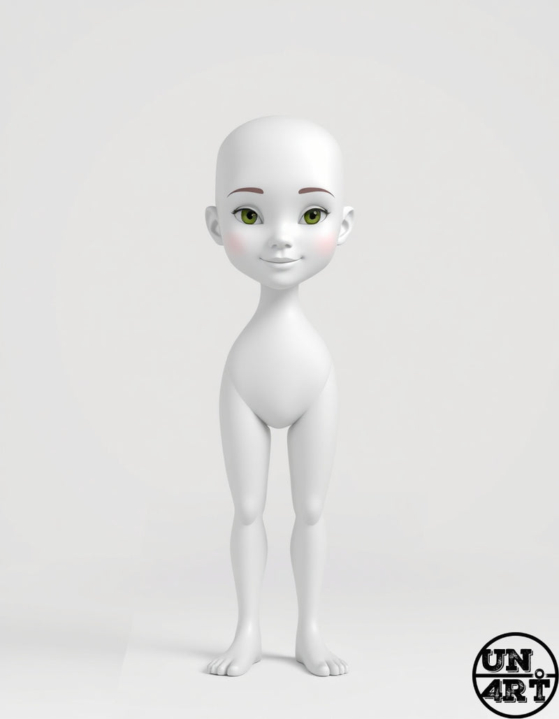 UN4RT imaginarium – full-body three-quarter view of a smooth matte white stylised chibi-proportioned humanoid figure with an oversized rounded bald head, large expressive green eyes, delicate dark brows, rosy cheeks, a gentle smile and slender articulated limbs standing in a relaxed pose against a plain soft grey background, dark minimalist character design blank canvas 3D digital art.
