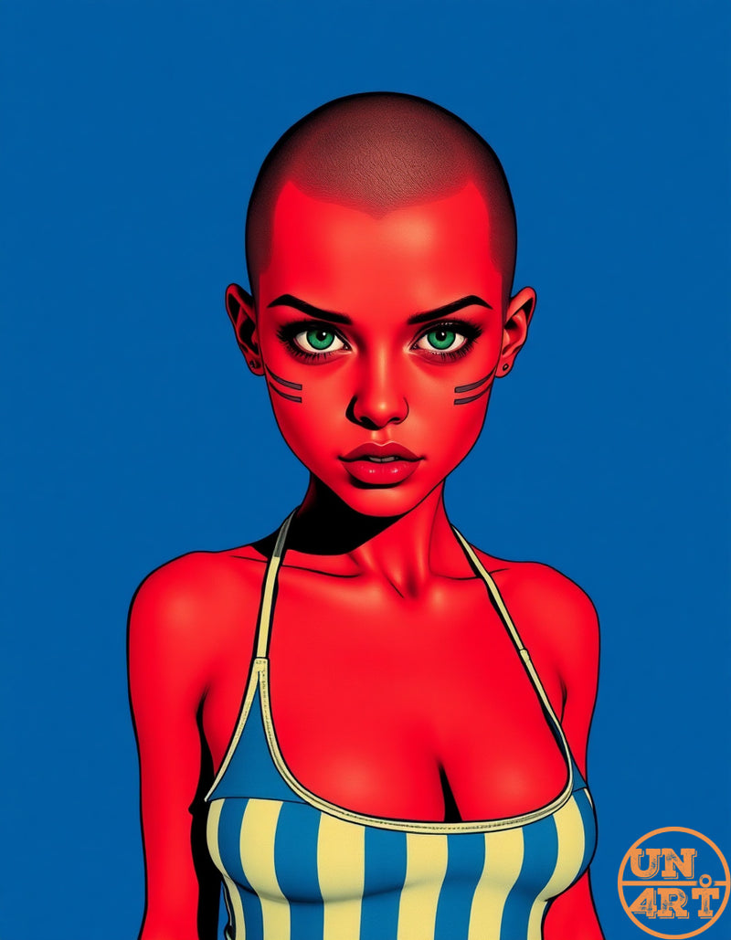 UN4RT imaginarium – close-up bust portrait of a bald red-skinned alien female figure with vivid green eyes, dark sculpted brows, small stud earrings and two horizontal dark stripe tattoos on each cheekbone wearing a yellow and teal vertical stripe halter top against a flat bold cobalt blue background, dark pop art alien character portrait digital illustration.
