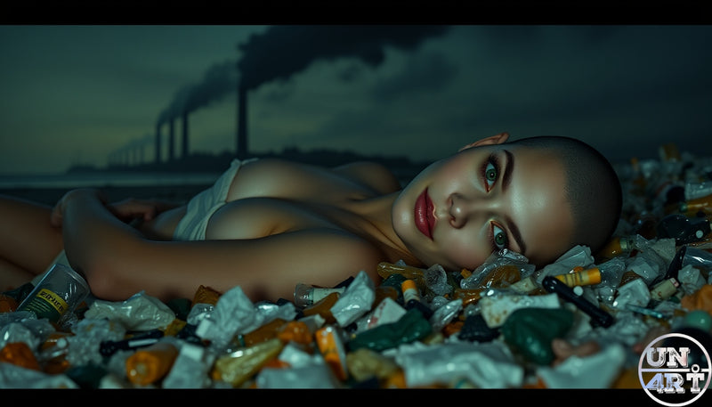 UN4RT imaginarium – wide cinematic low-angle shot of a shaved-head woman with green eyes and red lips lying face-up amid a dense layer of discarded plastic waste, crushed bottles and packaging debris on a polluted shoreline with three industrial smokestacks billowing thick dark smoke against a dark overcast teal sky in the background, dark environmental activism ocean pollution cinematic fine art photography.