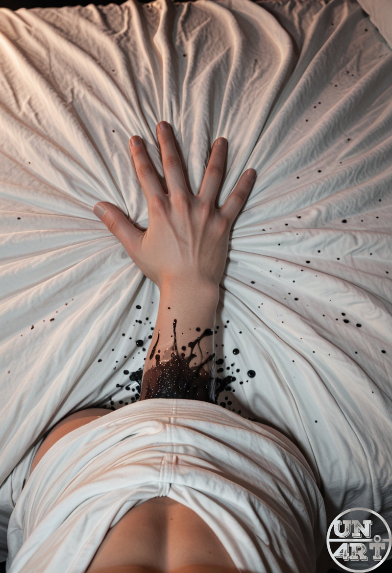 UN4RT imaginarium – overhead vertical close-up of a pale bare arm with black ink splatter drips around the wrist reaching upward and pressing an open hand flat against crumpled white fabric draped sheets with scattered black ink droplets radiating outward from the figure below, dark expressionist vulnerability ink body art fine art photography.