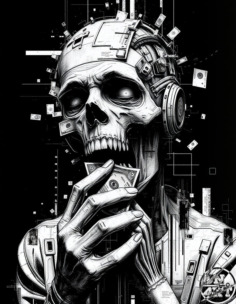 UN4RT imaginarium – dramatic black and white detailed ink illustration of a cybernetic skull with mechanical headphones and circuit panel implants embedded in the cranium holding a crumpled dollar bill between skeletal fingers with more banknotes raining and floating around the figure against a dark architectural grid background, dark capitalism greed memento mori cyberpunk ink poster art.
