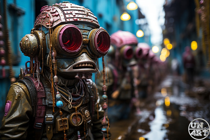 UN4RT imaginarium – extreme close-up of the lead figure in a row of identical rain-drenched weathered biomechanical humanoid creatures with grotesque grimacing faces, large round red goggle lenses, layered riveted metal headgear, hanging bead and cord adornments and worn tactical harness gear standing in a rain-flooded narrow teal-walled urban alley with warm bokeh lamplight in the background, dark steampunk dystopian street patrol cinematic 3D digital art.