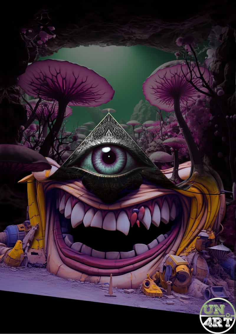 UN4RT imaginarium – wide cinematic diorama of a massive grotesque creature face embedded in a ruined wall with a large illuminati all-seeing eye within a dark ornate triangle above a wide grinning fanged mouth with pink and yellow cracked lips surrounded by scattered industrial debris and yellow mechanical fragments, set within a vast dark alien forest of towering violet mushroom caps and bare skeletal trees under a deep teal glowing cave sky, dark illuminati surrealist horror fantasy 3D digital art.