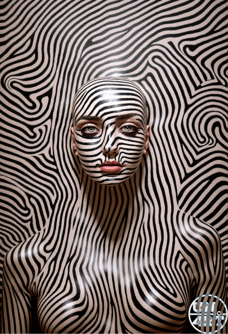 UN4RT imaginarium – close-up bust portrait of a shaved-head female figure entirely covered from scalp to chest in intricate flowing black and white op-art stripe body paint that perfectly camouflages with an identical undulating stripe-patterned background, only the green eyes, subtle natural brows and soft pink lips remaining unmasked as the sole points of contrast, dark op-art vanishing identity body camouflage fine art photography.