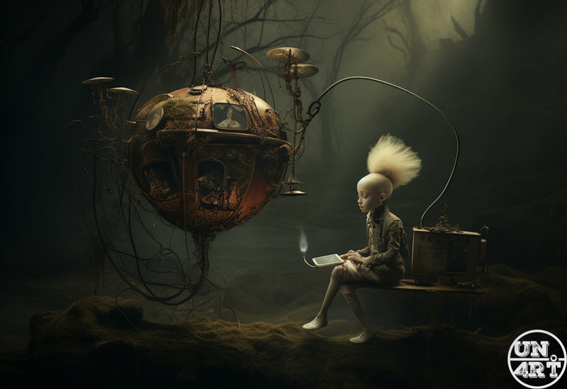 UN4RT imaginarium – cinematic dark fantasy scene of a small pale elfin child figure with a dramatic tall white mohawk-like hair plume sitting alone on a worn wooden ledge holding a glowing tablet, connected by a long curved wire to a ornate rusted iron sphere pod suspended in mid-air by chains covered in brass instruments and glowing amber windows in a misty shadowed forest clearing with a single candle flame on the ledge beside the child, dark steampunk childhood wonder solitude cinematic 3D digital art.