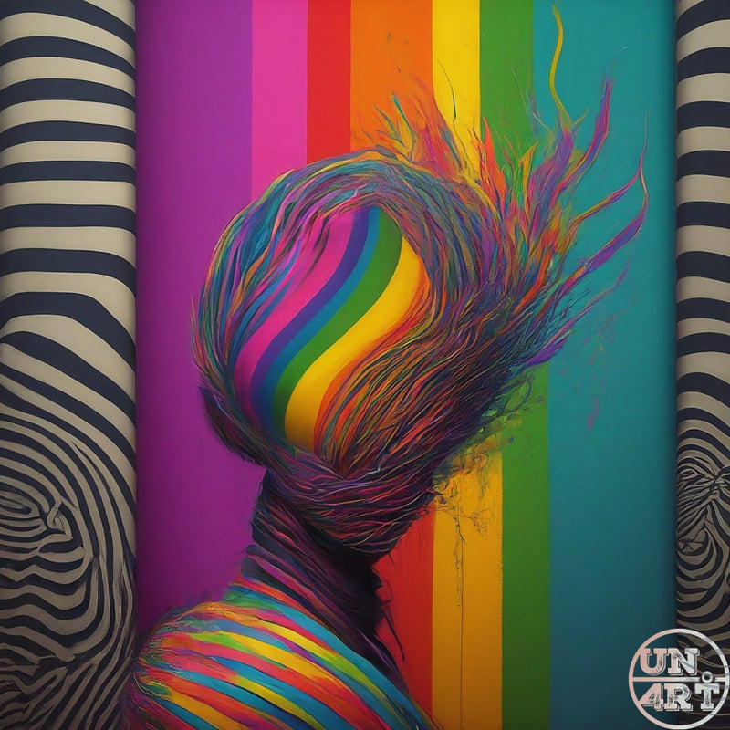 UN4RT imaginarium – rear view of a headless figure with a torso wrapped in vivid rainbow horizontal stripes with long windswept multicoloured hair spiralling upward in a dramatic vortex of red, orange, yellow, green, blue, indigo and violet strands against a bold vertical rainbow stripe background flanked on both sides by black and white zebra-stripe panels, dark pop art chromatic identity dissolution mixed media painting.