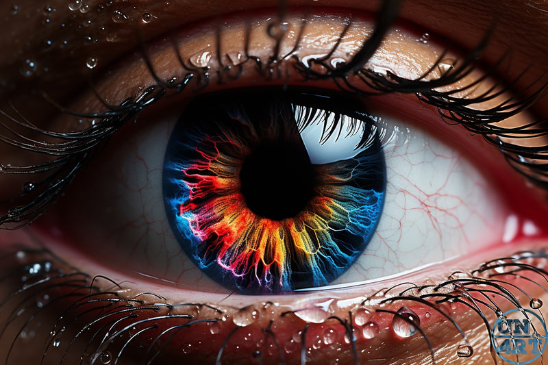 UN4RT imaginarium – extreme macro close-up of a single human eye with a vivid multicoloured iris radiating neon red, orange, yellow, green and electric blue flame-like filaments around a deep black pupil with tiny lash reflections, set in a moist red-veined sclera with glistening water droplets on the surrounding dark skin and wet lashes, dark biopunk hyper-realist eye macro cinematic digital art.