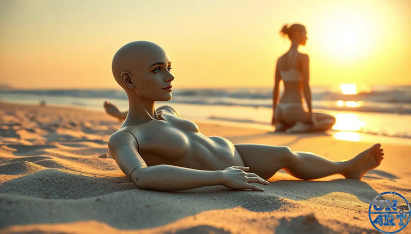 UN4RT imaginarium – cinematic beach scene at golden hour sunset with a smooth pale bald articulated female mannequin figure reclining on warm golden sand in the foreground looking sideways with serene expression, while a real human female silhouette sits cross-legged in a yoga pose on the shoreline directly facing the glowing orange sun on the horizon with calm sea reflections, dark identity AI versus human contemplation cinematic 3D fine art photography.