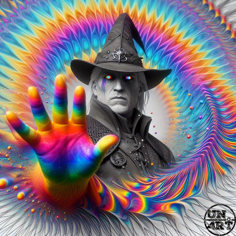 UN4RT imaginarium – dramatic close-up bust of a grey and black desaturated male dark wizard figure with long pale hair, glowing white and red eyes and a tall pointed black witch hat adorned with a compass medallion, extending a large vivid full-spectrum rainbow-painted open hand directly toward the viewer against an explosive radial burst of vivid neon rainbow swirling feather-like energy tendrils in yellow, orange, red, pink, blue and teal, dark fantasy chromatic sorcery psychedelic digital art.