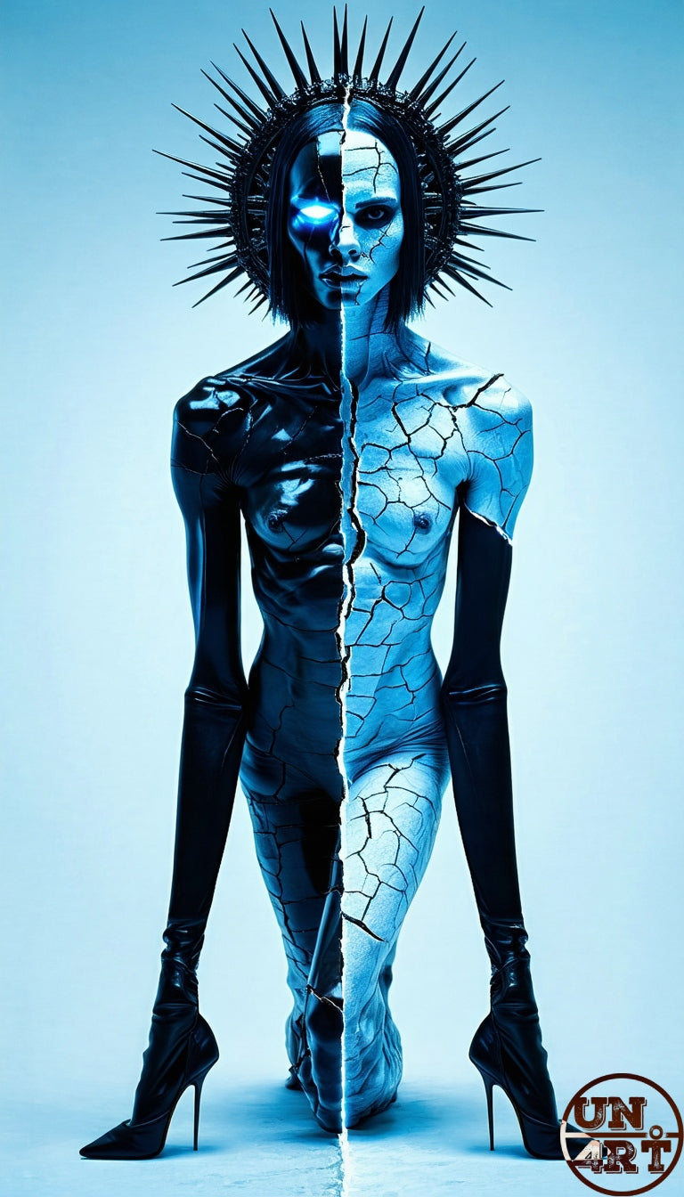 UN4RT imaginarium – full-body frontal portrait of an androgynous figure split vertically down the centre, the left half covered in smooth glossy black latex skin with a glowing blue eye, the right half covered in pale cracked porcelain-like skin with fine dark fissure lines, both halves wearing matching black high-heeled boots and crowned with a dramatic tall radial spiked black halo headpiece against a plain pale blue background, dark duality identity fracture fashion fine art portrait 3D digital art.