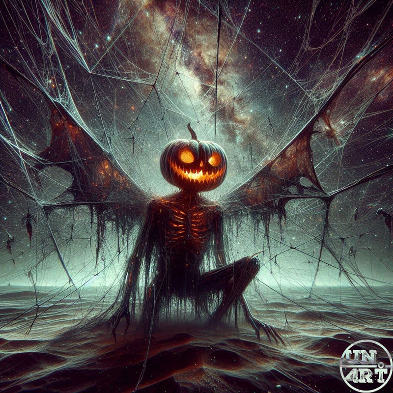 UN4RT imaginarium – cinematic dark fantasy scene of a solitary upright humanoid creature with a glowing carved jack-o-lantern pumpkin head with round eyes and a jagged grinning mouth and a dark skeletal ribcage torso with tattered black wings seated on a dark rock outcrop amid vast tangled giant cobwebs stretching across a teal misty ocean horizon under a dramatic dark star-filled milky way night sky, dark halloween cosmic horror pumpkin king cinematic digital illustration.