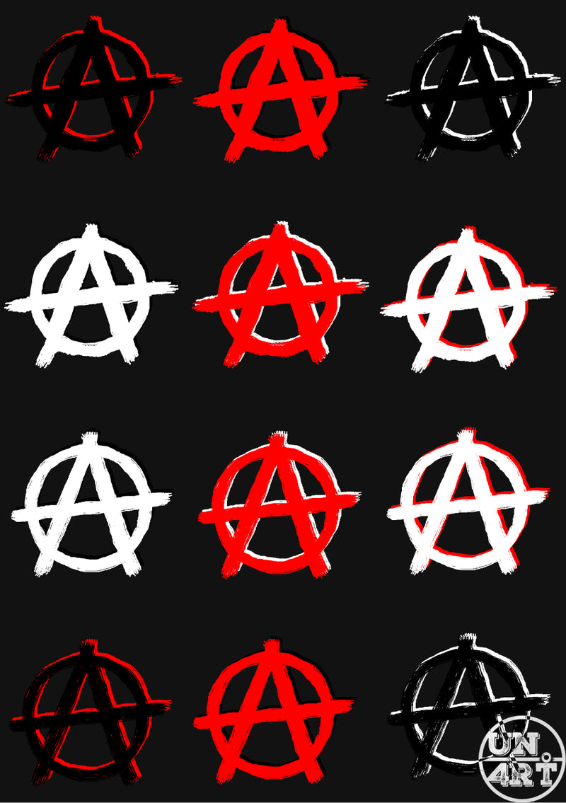 UN4RT imaginarium – grid of twelve hand-drawn brushstroke anarchy symbols arranged in four rows of three on a pure black background, varying in style from bold flat red to white chalk-like strokes to dark outlined and three-dimensional rendered versions, alternating between red, white and black colourways with rough irregular painted edges, dark punk anarchist symbol graphic art series illustration.