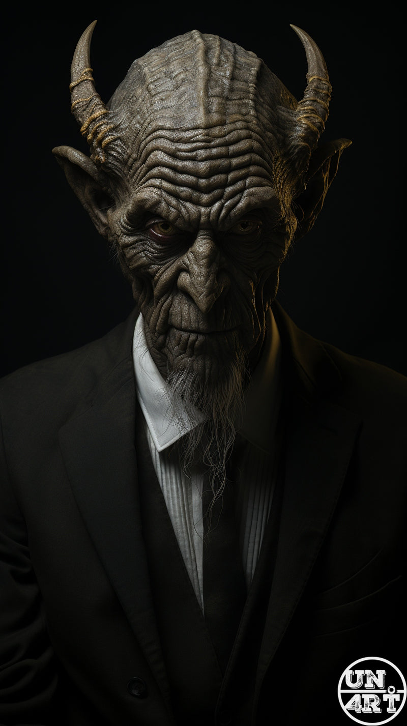 UN4RT imaginarium – dramatic close-up bust portrait of an aged demonic humanoid figure with deeply furrowed dark leathery wrinkled skin, two curved horns rising from the brow, heavy-lidded dark eyes and a grim expression wearing a formal dark pinstripe suit and open white shirt collar against a pure black background, dark corporate devil authority satire hyperrealist cinematic 3D digital art.