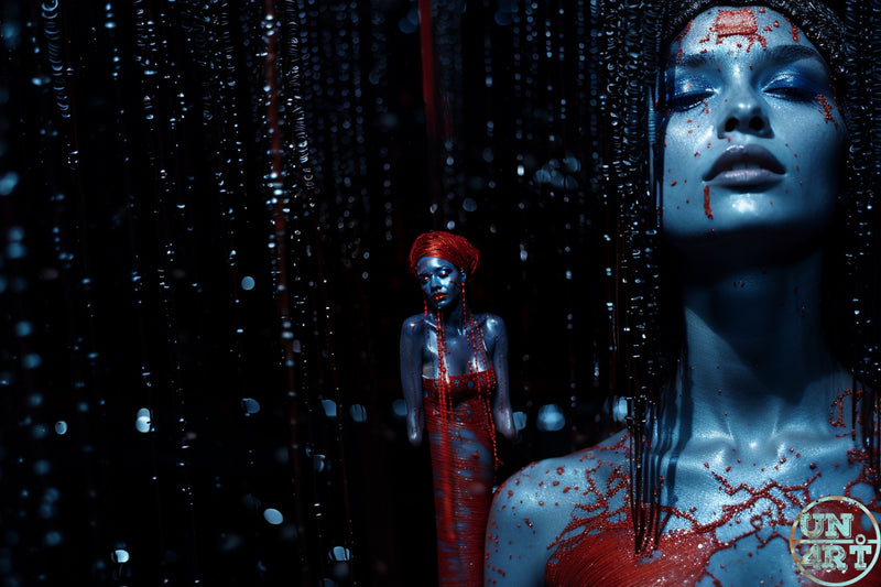 UN4RT imaginarium – cinematic dual-figure composition with a close-up bust of a blue-skinned female figure with silver eye makeup closed eyes and vivid red blood-like paint splattered across the face neck and chest in the foreground right, and a second full-body blue-skinned female figure as her arm and hand amid cascading black beaded curtain strands with scattered water droplets in a dark blue-lit atmospheric space, dark ritual goddess body portrait art.