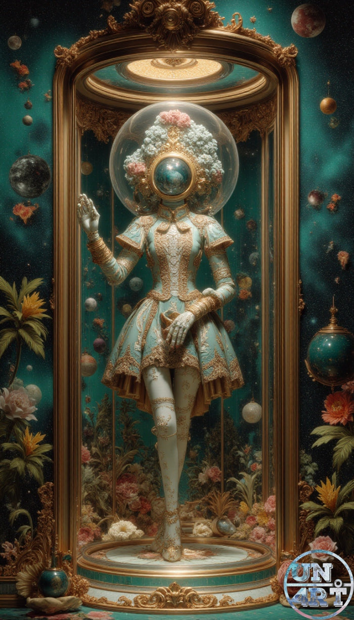 UN4RT imaginarium – full-body frontal portrait of an elegant rococo-dressed female figure with a large glass dome helmet encrusted with white roses and pink blossoms with a dark mirrored visor face standing inside a tall ornate gold-framed glass display cabinet, surrounded by floating planets, tropical plants and flowers against a deep teal cosmic background, dark baroque space explorer fantasy 3D digital art.