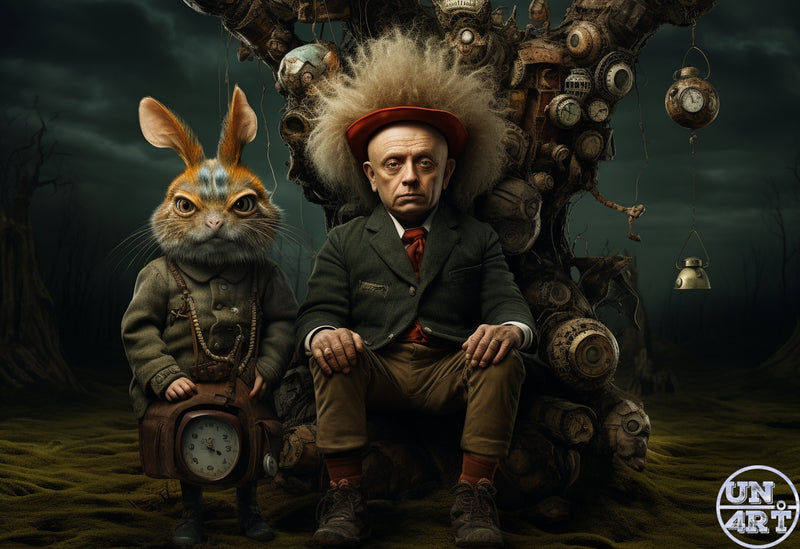 UN4RT imaginarium – cinematic dark fantasy portrait diorama of a stern middle-aged man with wild voluminous dishevelled blond hair and a red flat-cap hat wearing a rumpled dark green suit seated on a massive throne built from tangled rusted clockwork machinery, gears, hanging lanterns and clock faces, with a large anthropomorphic rabbit figure in a worn olive jacket carrying a vintage wooden clock kneeling beside him on a dark moody foggy wasteland ground, dark steampunk mad hatter time lord absurdist art.
